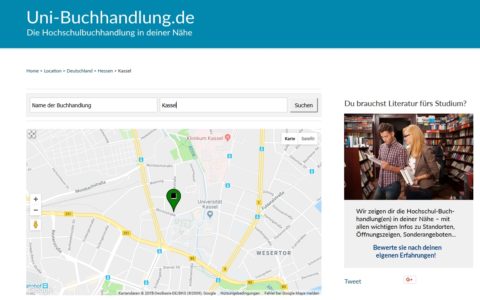 Screenshot der Website Uni-Buchhandlung mit einem Kartenausschnitt von Kassel